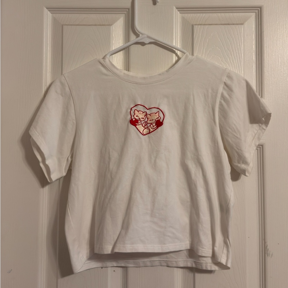 White Crop Top with Embroidered Red Heart Design